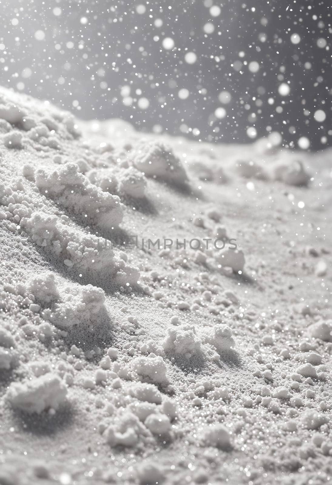 The image depicts a close-up view of a snow-covered landscape. The foreground is dominated by a thick layer of fresh, pristine snow, while the background features a soft, gray sky with falling snowflakes. The scene evokes a sense of peace and tranquility, reminiscent of a winter wonderland.