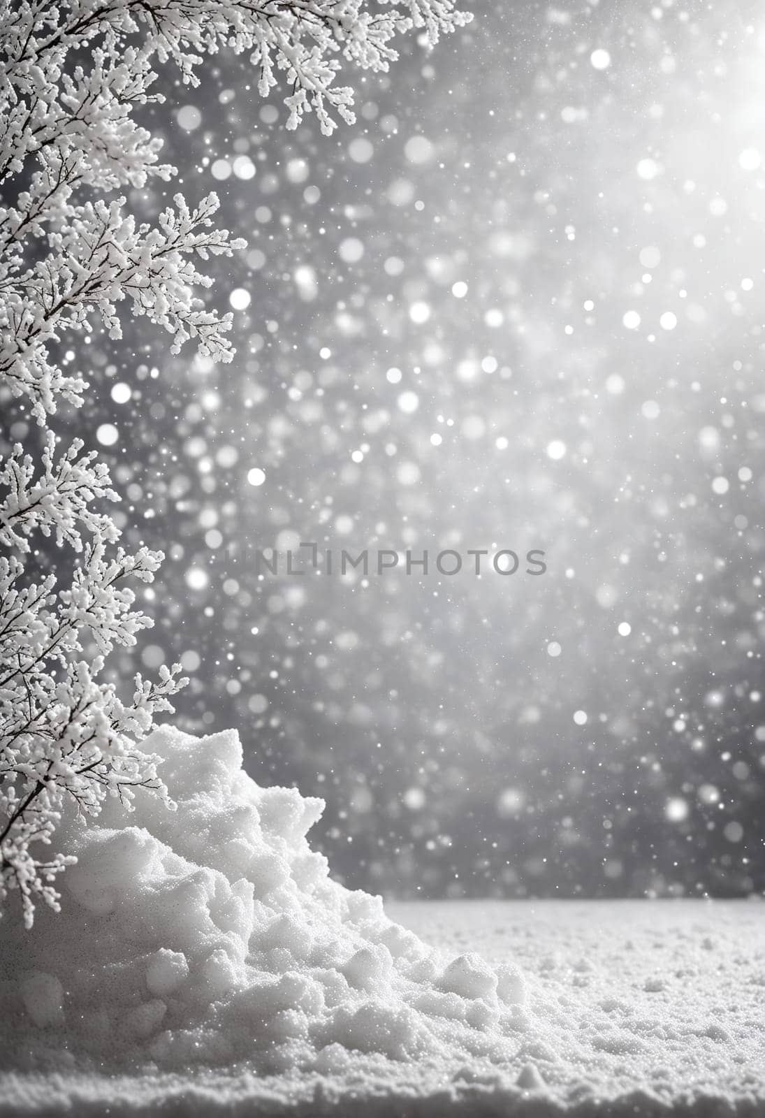 A snowy winter scene with a snowdrift in the foreground, framed by a branch of a tree covered in frost. Snowflakes fall gently from the sky, creating a soft, ethereal atmosphere. The image is captured in a soft, muted color palette, highlighting the beauty of a winter wonderland.