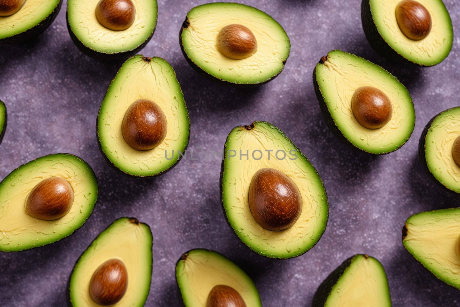 A group of avocados, some cut open to reveal their creamy green flesh, rest on a brown surface. A few leaves and an avocado pit are also visible. The avocados appear ripe and ready to eat.