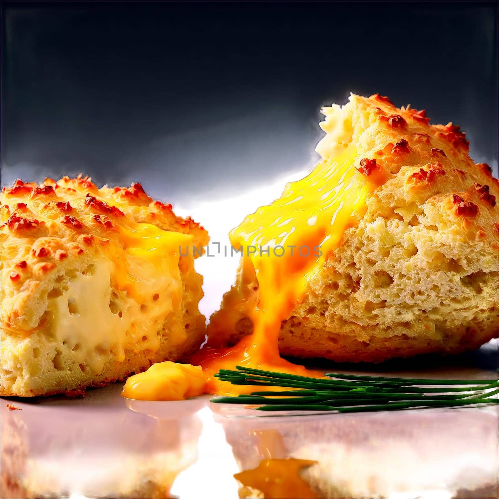 Cheese scone cheddar cheese melting chives scattering steam swirling Food and Culinary concept. Food isolated on transparent background.
