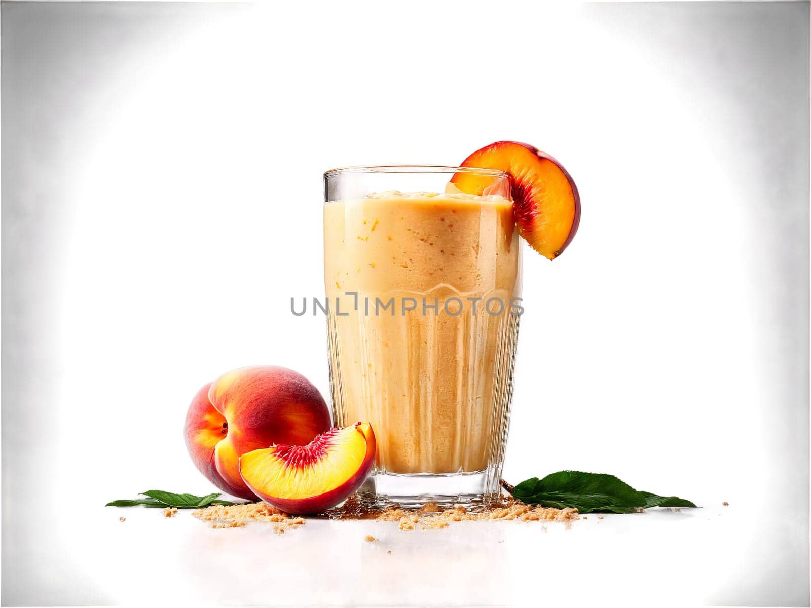 Peach Ginger Smoothie A zesty peach ginger smoothie in a modern glass garnished with peach. Drink isolated on transparent background.