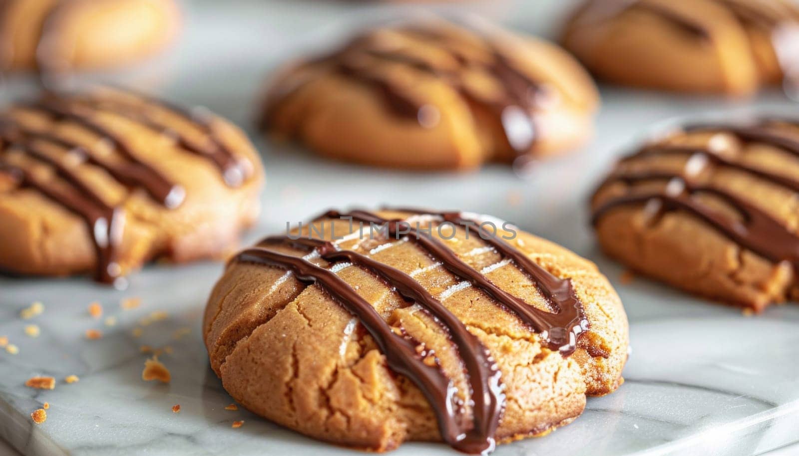 A close up of a peanut butter cookie with chocolate drizzle on a table, a delicious treat for dessert or snack time