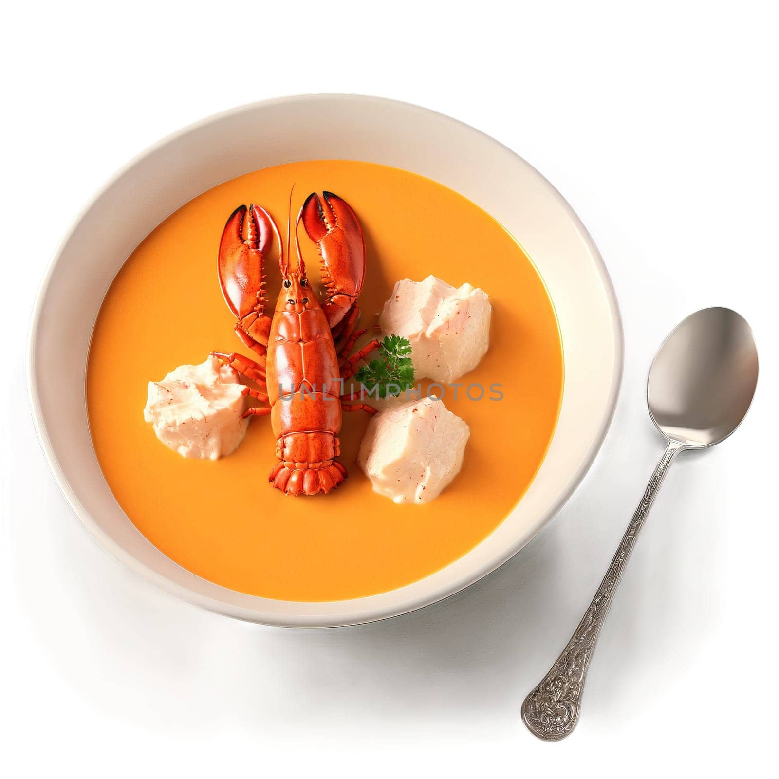 Lobster bisque vibrant orange creamy soup lobster claw meat chunk floating isolated on transparent Food. Food isolated on transparent background.