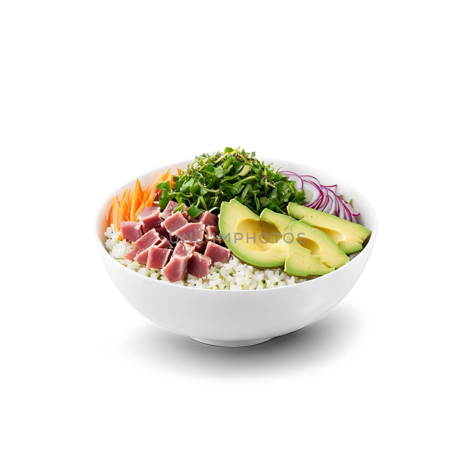 Tuna and avocado poke bowl cubes of fresh tuna and creamy avocado over rice with. Food isolated on transparent background