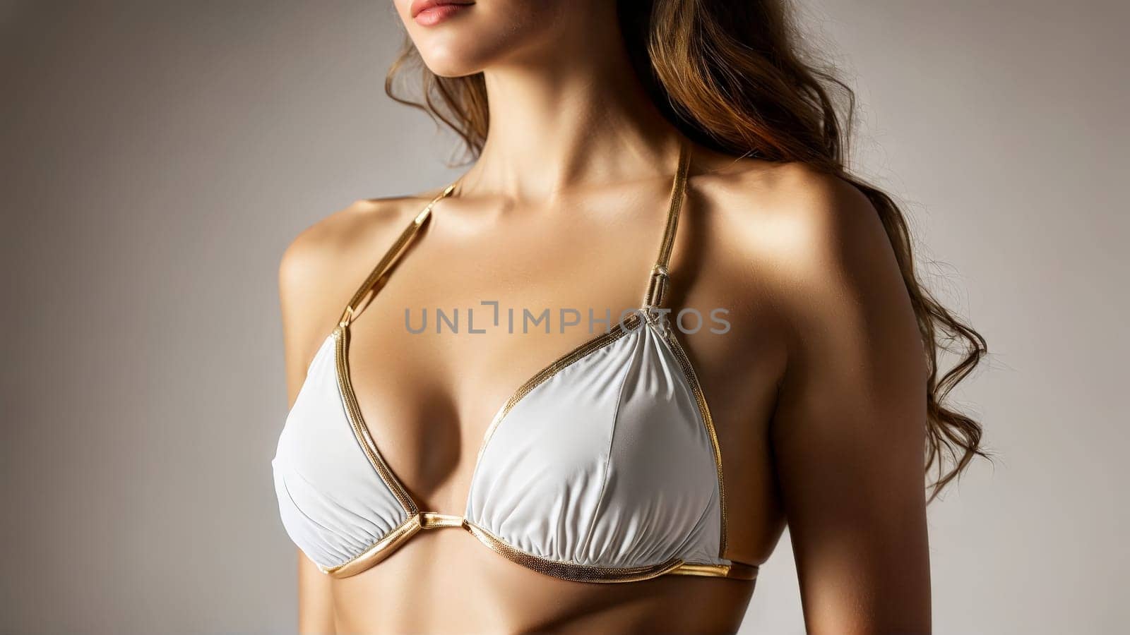 Elegant Woman in White Bikini An elegant woman her posture graceful back arched slightly adorned.