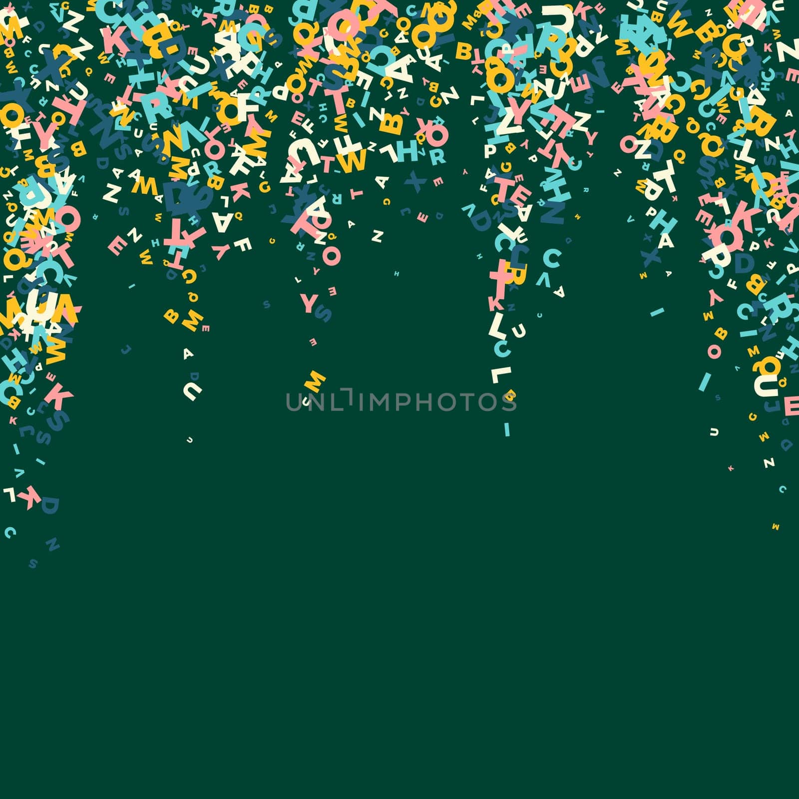 Flying latin letters. Colorful childish scattered charachters of English alphabet. Foreign languages study concept. Back to school banner .