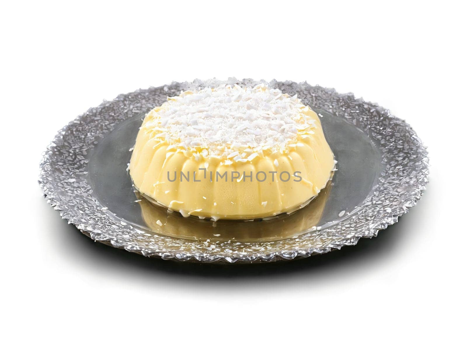 Sandesh Soft milk based sandesh with a hint of coconut arranged on a glass plate. Food isolated on transparent background.