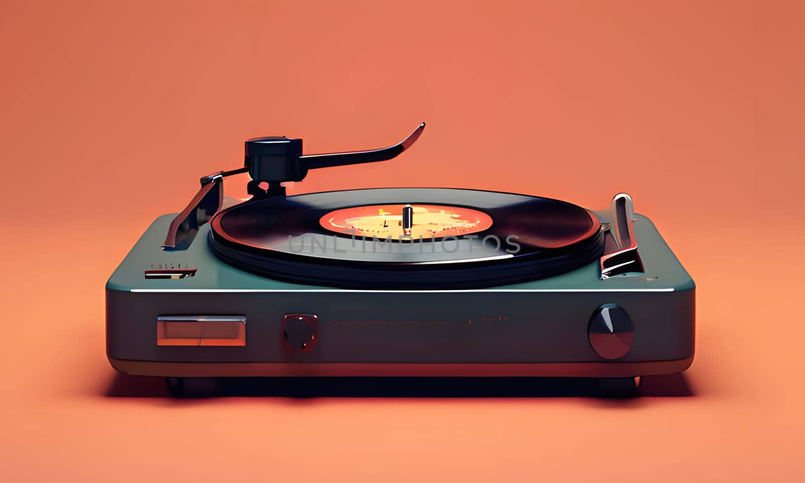 A classic, green-colored turntable is positioned on an orange surface. The turntable has a black vinyl record spinning on its platform, with the needle placed in the groove. The tonearm is raised, and a knob on the side of the device is visible.