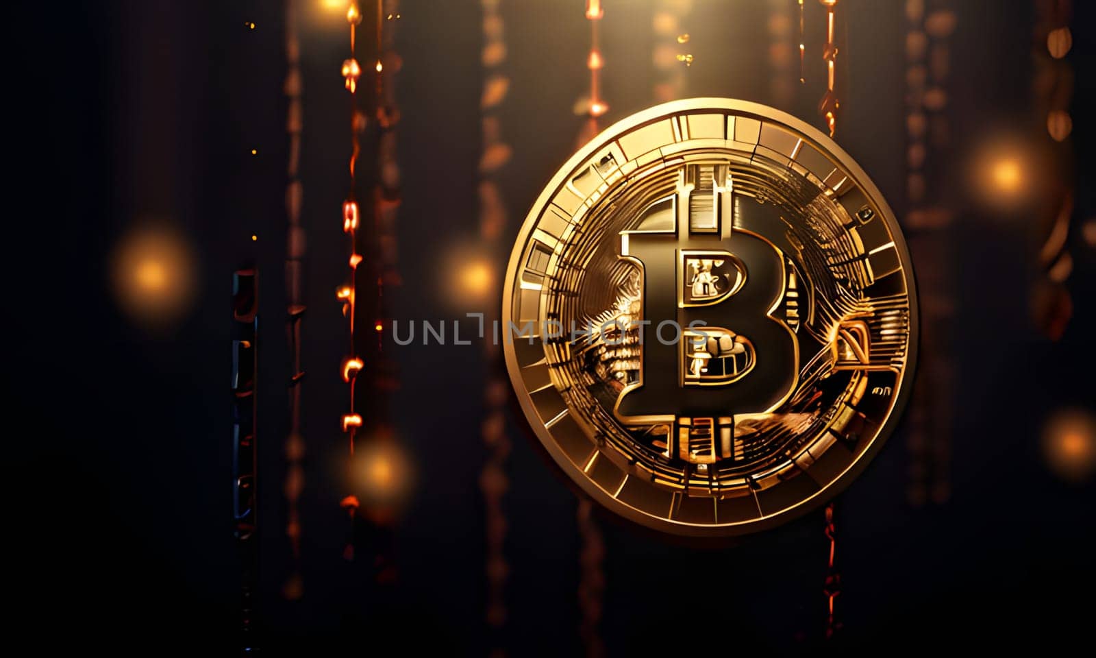 A single, golden Bitcoin coin is hanging from chains against a dark background with small, warm lights in the background. The coin is highly detailed and appears to be made of real gold.