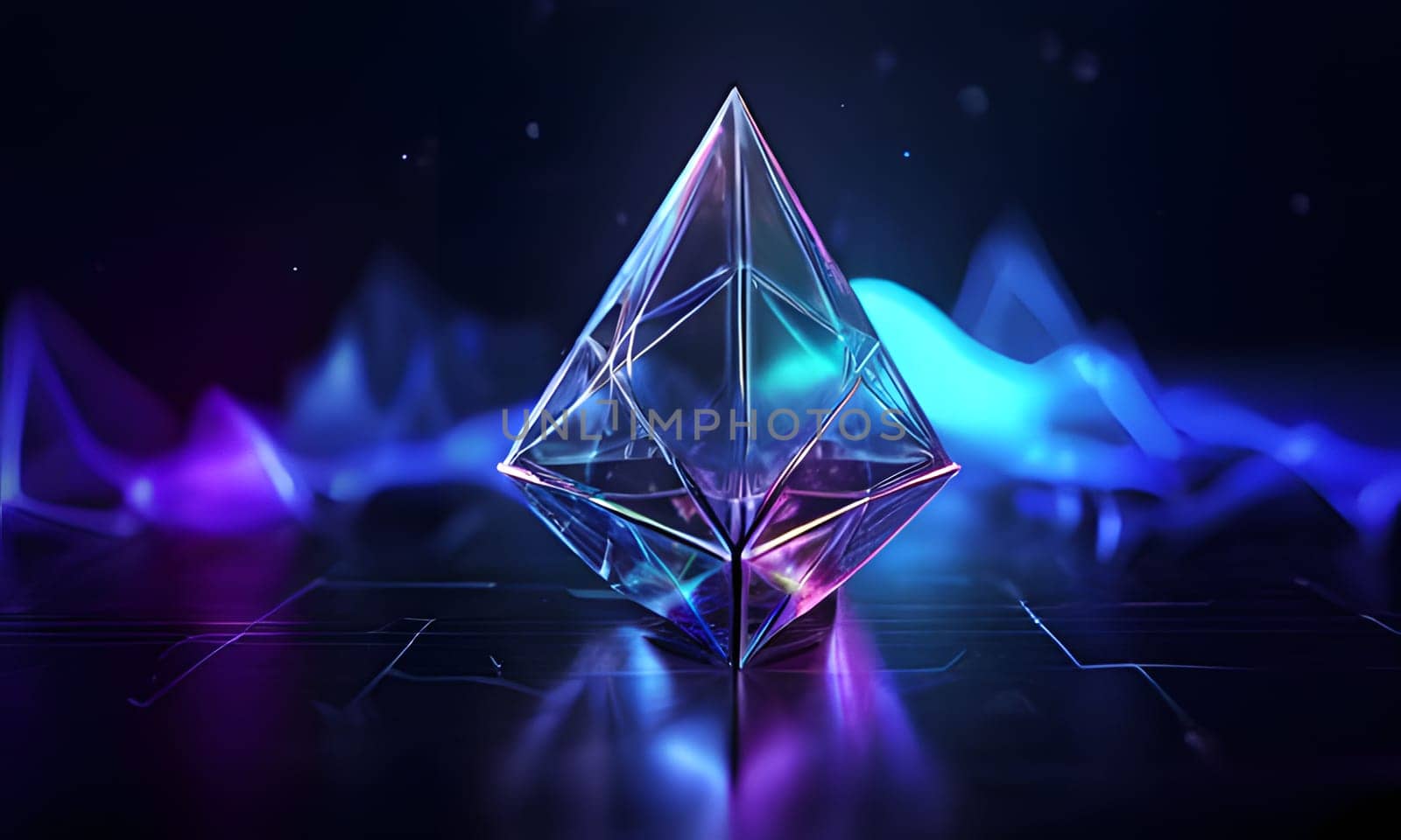 A crystal gem with a geometric, faceted design sits on a black surface, illuminated by vibrant blue and purple neon lights. The gem reflects the colors, creating a vibrant and futuristic scene. A blurry background features abstract digital shapes, suggesting a digital or virtual environment.