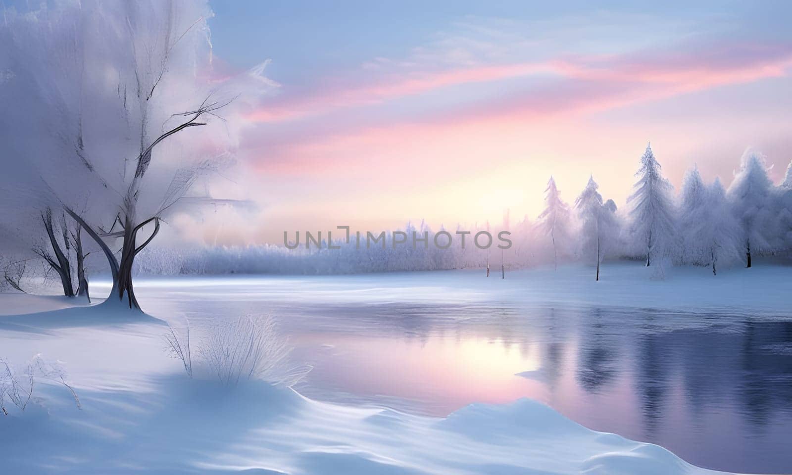 A snow-covered forest with a frozen river in the foreground. The sun is setting, casting a soft pink and purple glow on the sky and the snow. Tall, frost-covered trees line the banks of the river, and the snow is pristine and undisturbed.