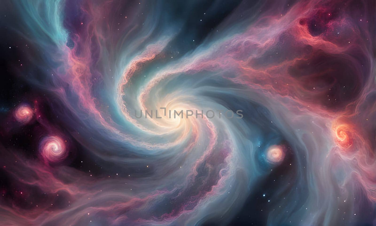 A vibrant spiral galaxy with a bright center and swirling arms of gas and dust, surrounded by scattered stars and smaller galaxies in the vast expanse of space. The galaxy is painted in shades of blue, pink, and white, with hints of red and orange highlighting the swirling gas clouds.