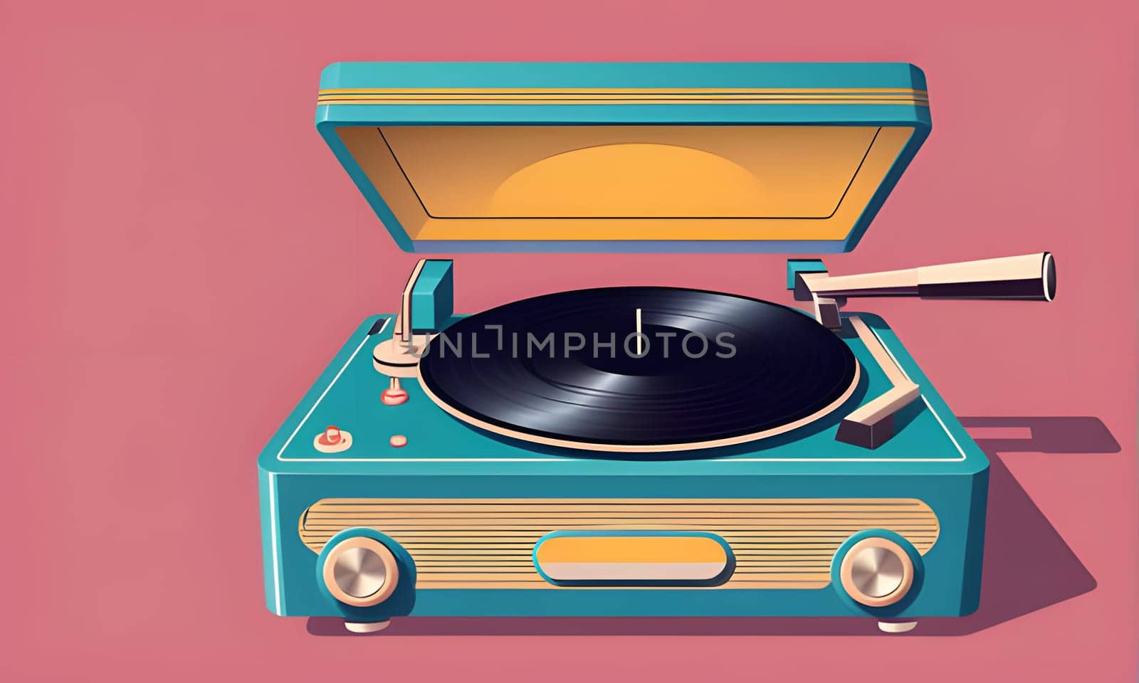 An illustration of a vintage turquoise record player, viewed from a slightly elevated angle. The lid of the turntable is open, revealing a black vinyl record sitting on the platter. The tonearm is extended towards the record, ready to play music.