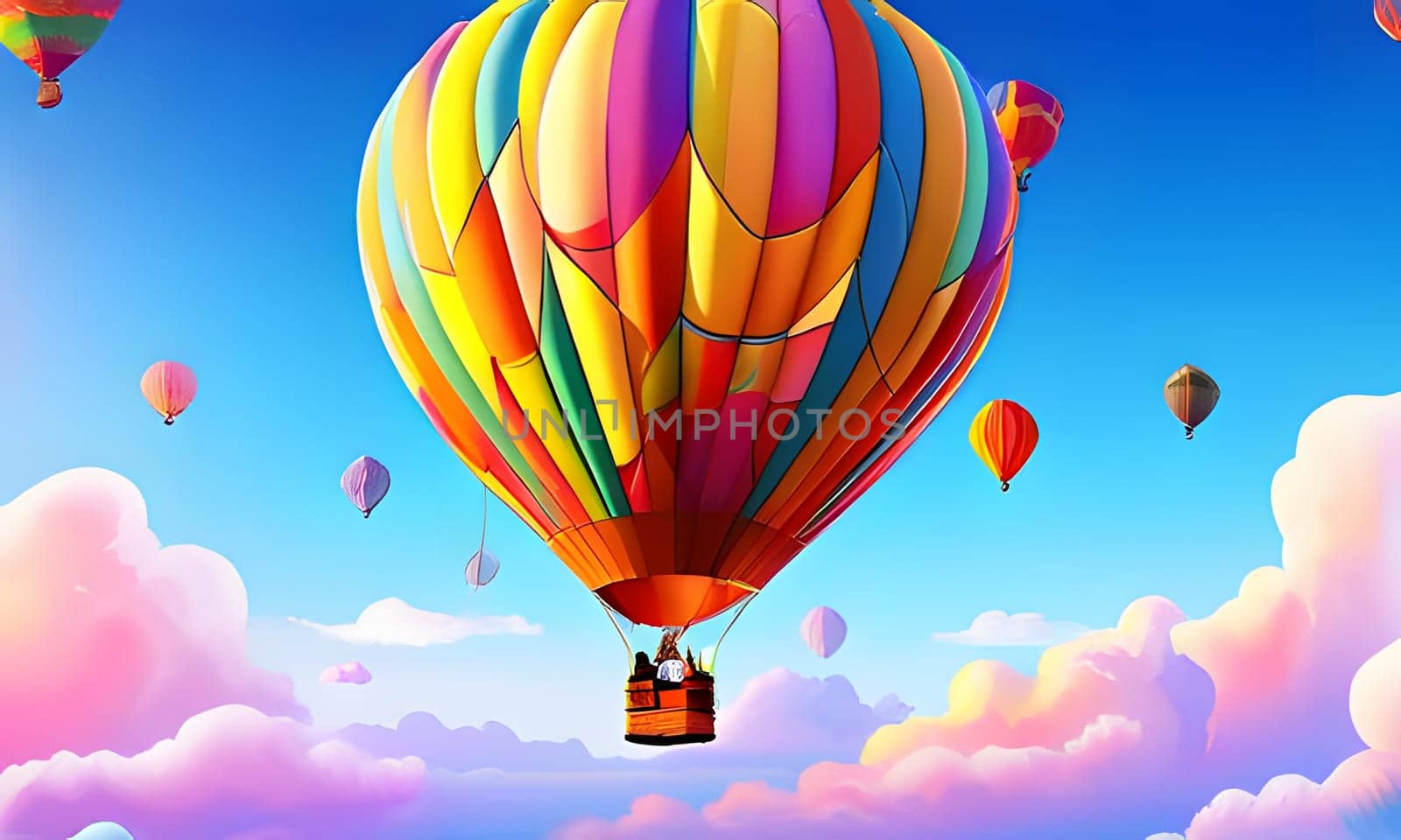 A large, colorful hot air balloon floats above fluffy clouds on a sunny day. Other hot air balloons can be seen in the distance, as well as some birds flying through the sky. The image is taken from below the balloon, looking up at the sky.