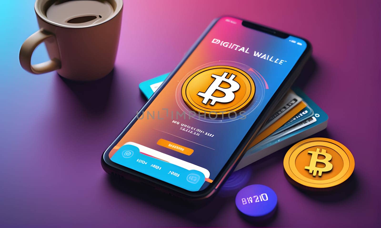 A smartphone displaying a digital wallet app with a Bitcoin icon on the screen. The phone is resting on a stack of credit cards, with a cup of coffee and a Bitcoin token in the background.