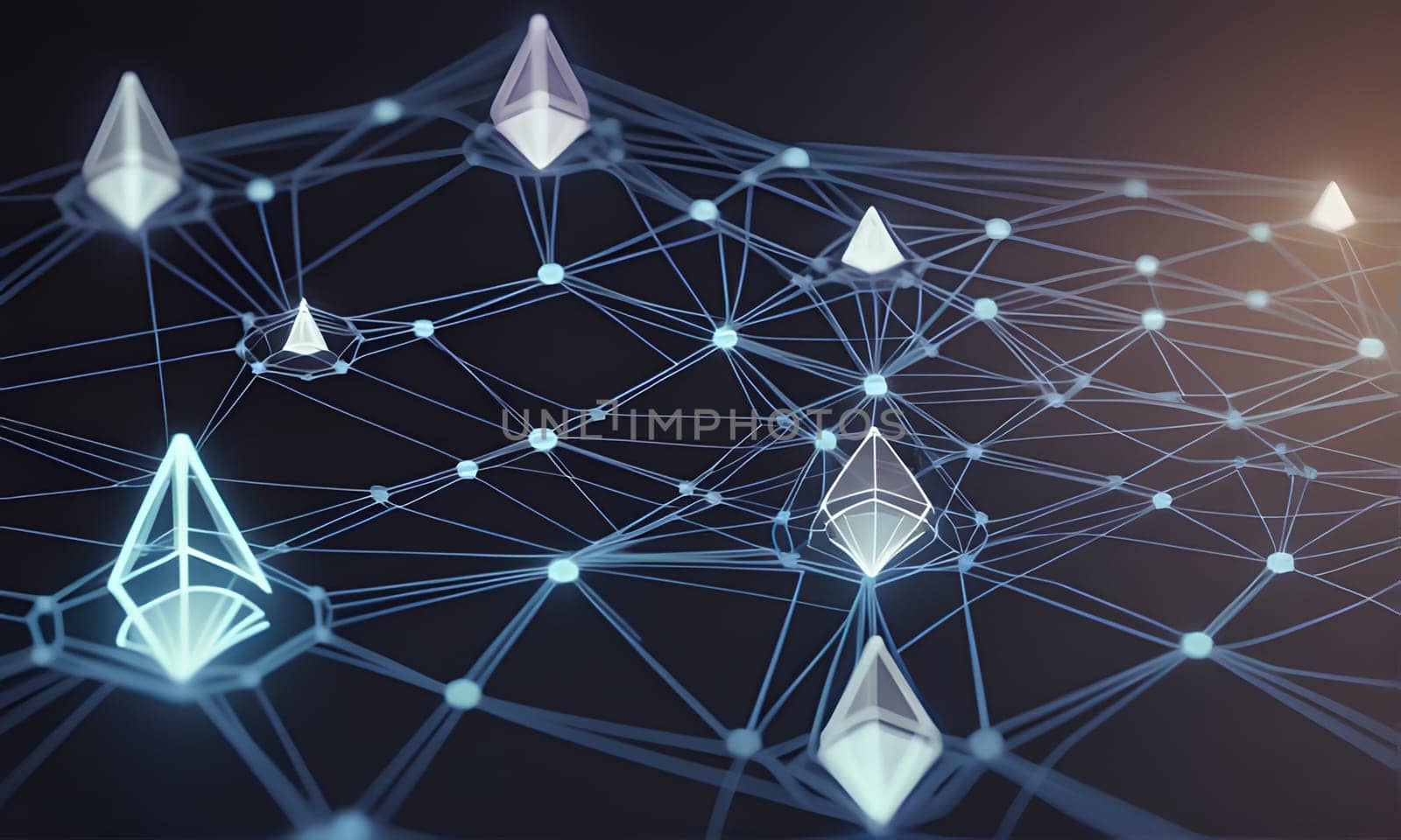 A digital rendering depicting a dark blue background with a 3D network of interconnected lines and dots. Several white and blue crystalline pyramids are distributed across the network, connected to each other and the network through lines.