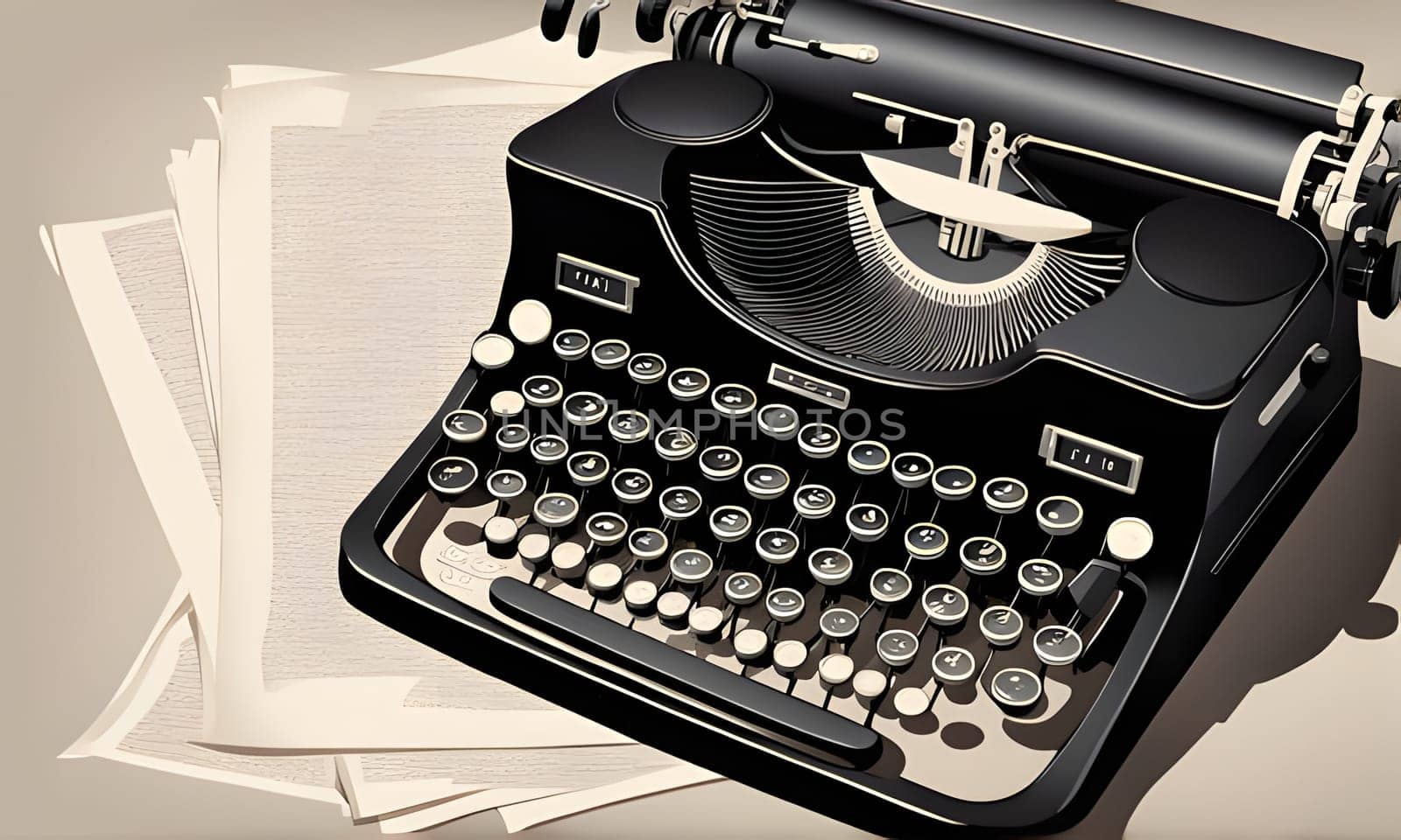 A classic black typewriter rests on a stack of manuscript paper, suggesting a writer's desk or a workspace for creative writing. The typewriter's keys are visible, ready for the next story to be typed. The papers beneath the typewriter appear to be filled with handwritten notes, hinting at the process of drafting and revising before the final product is typed.
