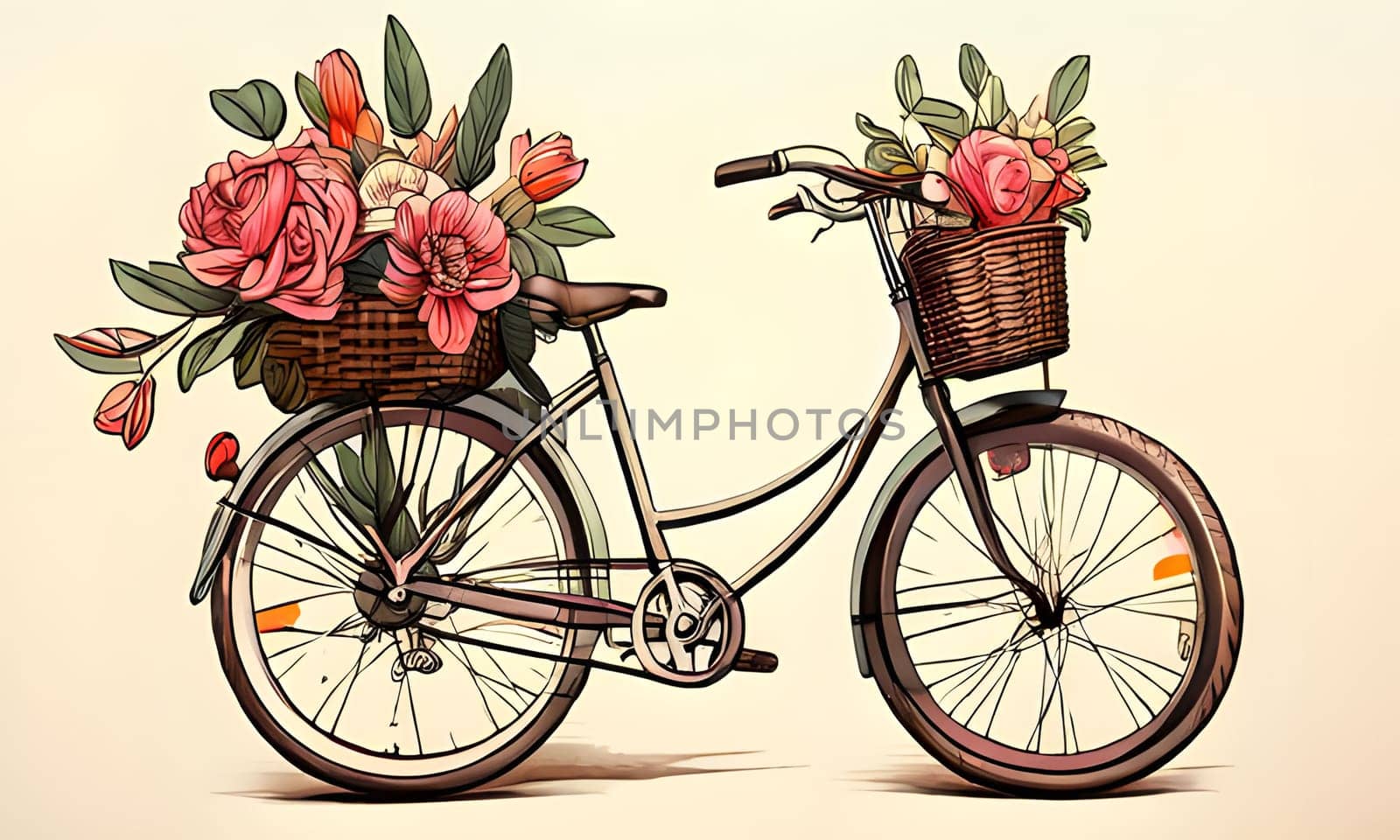 A classic bicycle with a wicker basket overflowing with pink roses and other assorted flowers is drawn in a whimsical style on a cream-colored background.