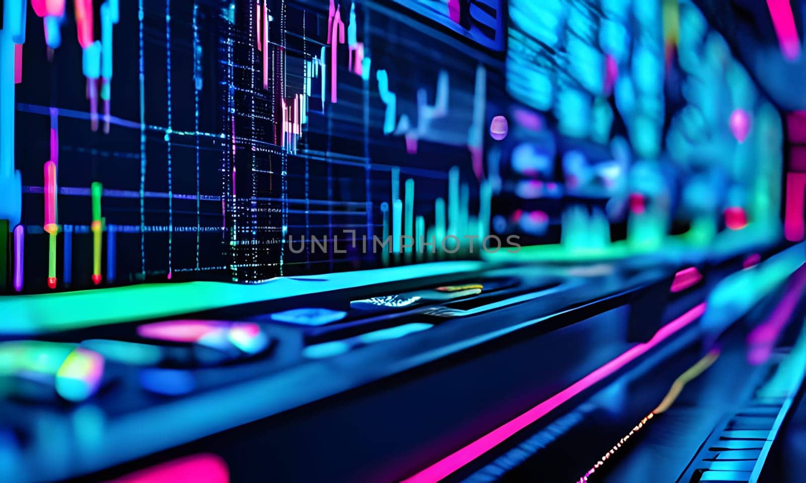 A close-up perspective of a stock market data screen displaying financial charts and graphs, with colorful lines and numbers. The screen is part of a larger wall of screens in a modern trading room, suggesting a dynamic and high-tech environment. The lighting is vibrant and illuminating, highlighting the intricate details of the financial data being presented.