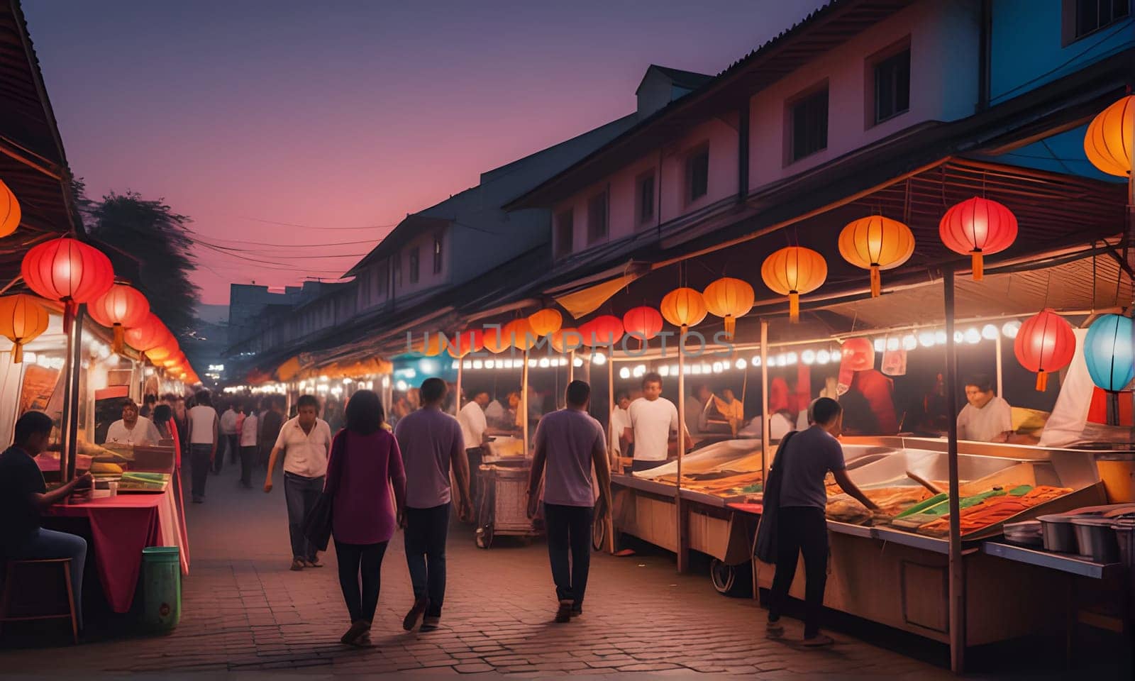 People browse food stalls under colorful lanterns in a bustling night market in Southeast Asia. The street is lined with food vendors selling a variety of dishes and snacks.