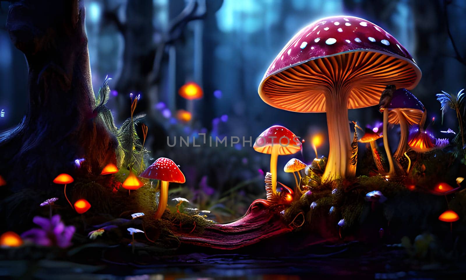 A large red and white mushroom with white spots stands tall in the center of the image, surrounded by smaller mushrooms of various colors. The forest is dark and mysterious, with glowing lights and a dreamy atmosphere.