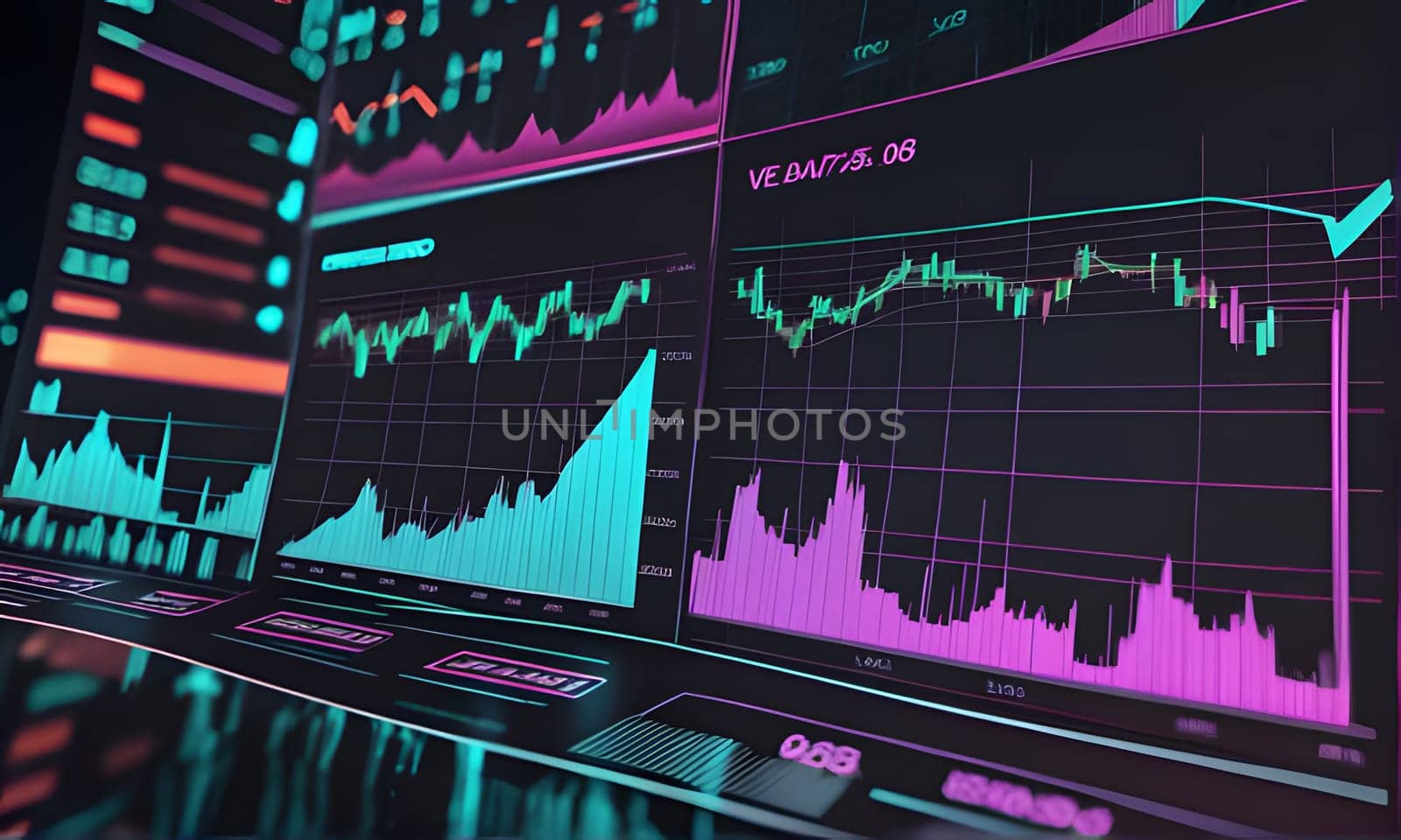 The image depicts a computer screen displaying financial data. The screen is filled with various line and bar graphs showcasing stock market information. The colors used are primarily blue, pink, and green against a black background, creating a dynamic visual representation of fluctuating market trends.