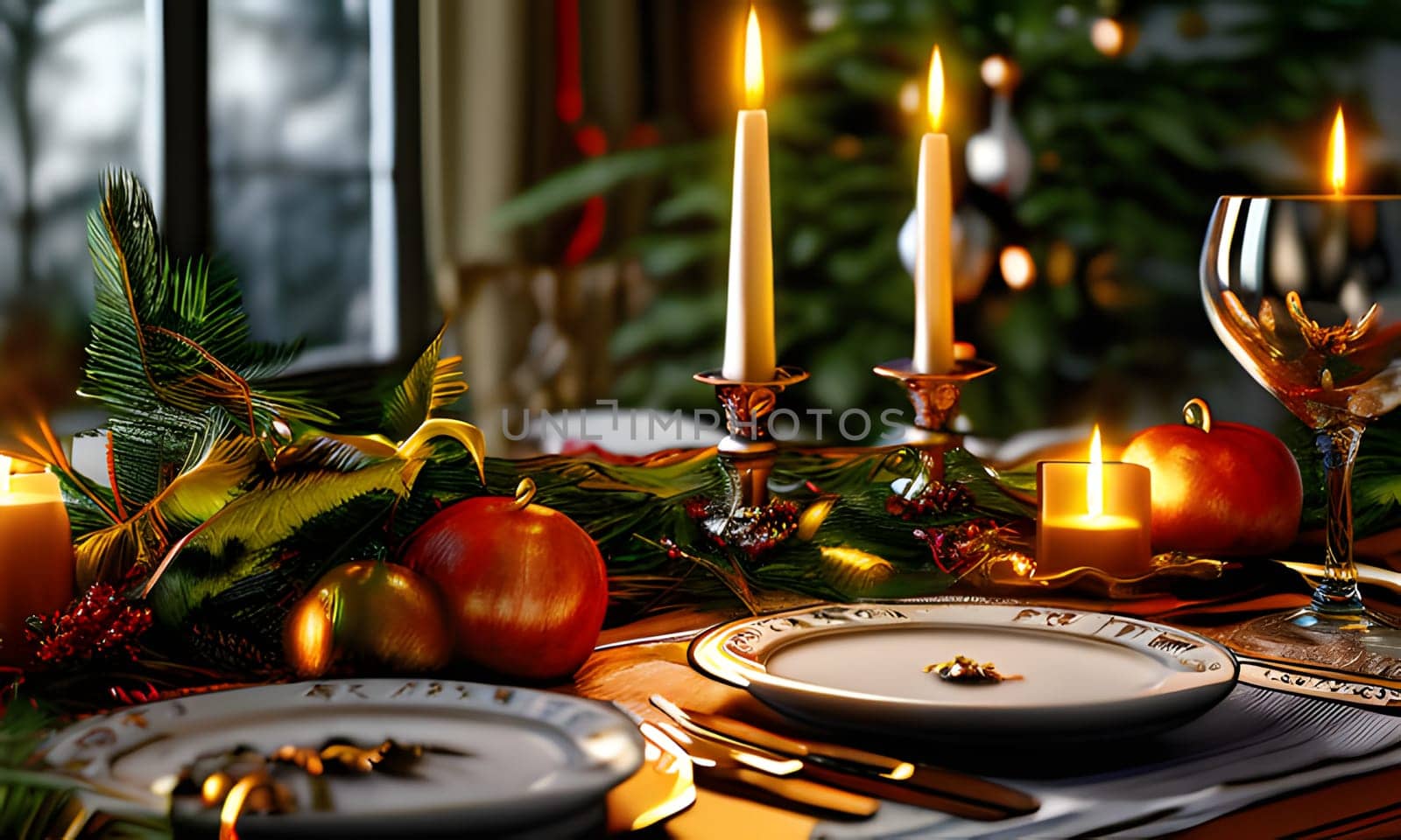 A beautifully set table for a festive dinner, with lit candles, greenery, and fruit. The setting features two candle holders with tall white candles, a small candle in a glass holder, and an assortment of greenery and fruit, including red apples and a branch of green leaves. The table is set with white plates, silver cutlery, and a stemmed wine glass.