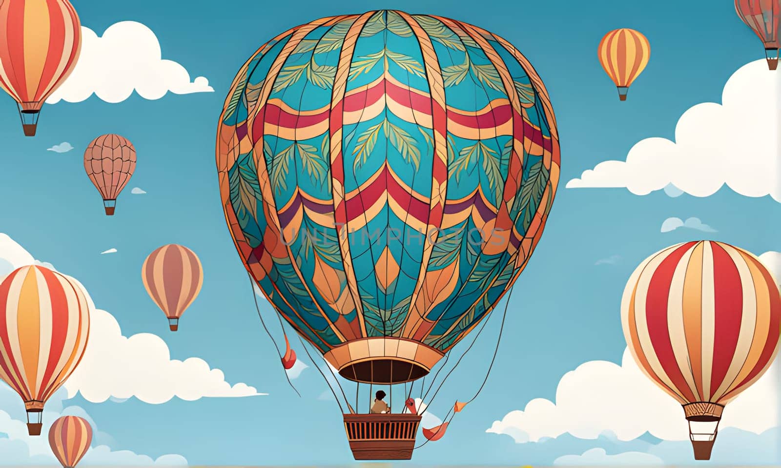 A large, ornate hot air balloon with a patterned design ascends against a bright blue sky filled with fluffy white clouds. The balloon is carrying two passengers in a basket below. Several other hot air balloons, smaller in size but equally vibrant, drift peacefully in the distance.