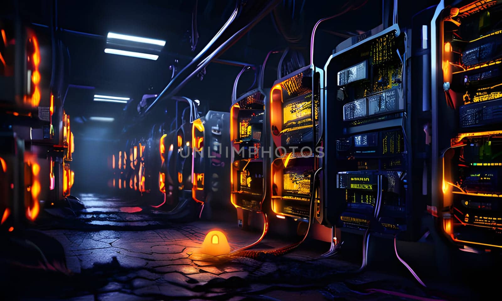 A long, narrow corridor filled with glowing servers, illuminated by orange lights and with a single, bright, glowing object in the foreground. The floor is made of dark stone with cracked and uneven surfaces. The servers are tall and complex, with multiple levels of hardware, cables, and lights.