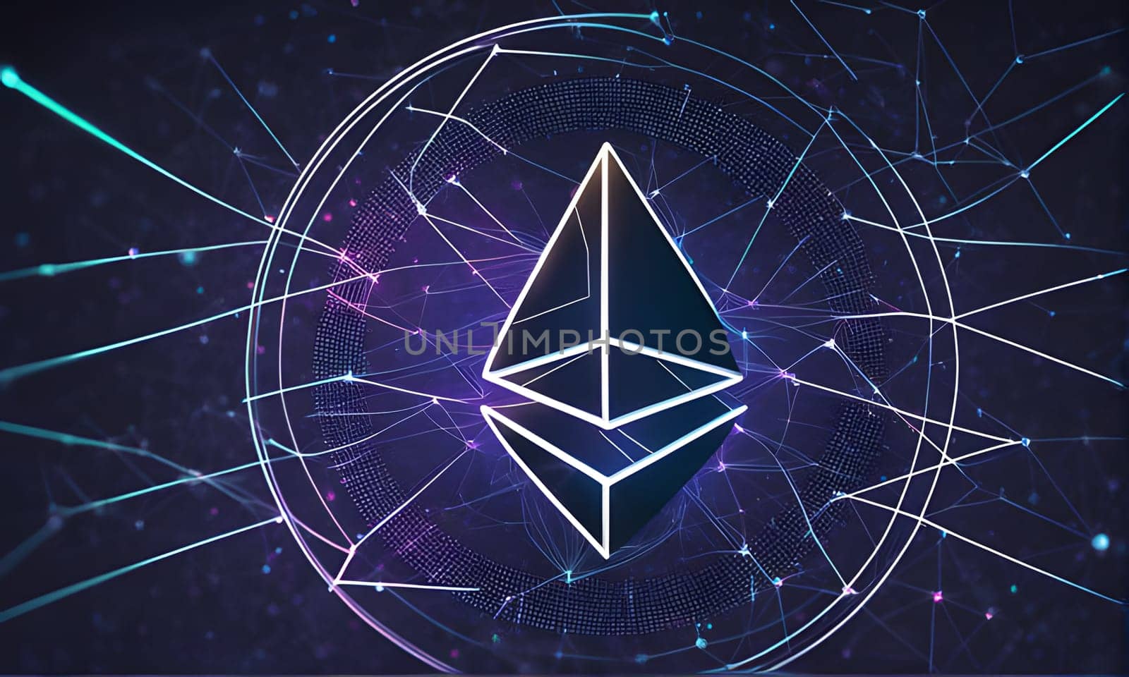 The Ethereum logo, a white triangle with three lines inside, is displayed against a dark purple background with a light blue network of lines. The network extends from the edges of the image.