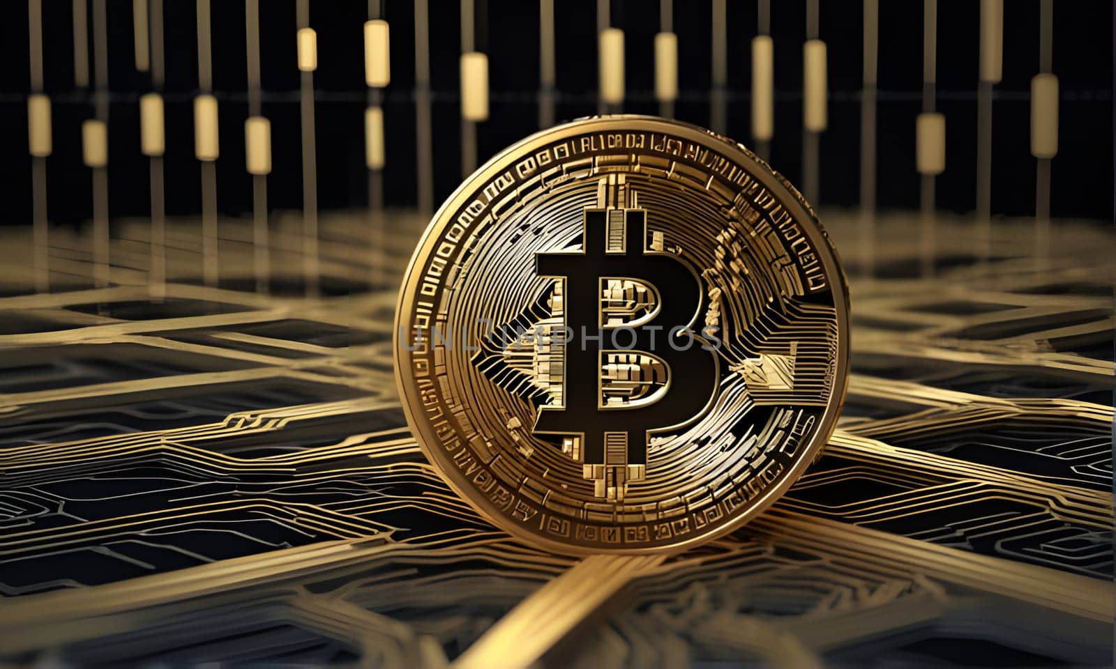 A gold Bitcoin coin rests on a circuit board, with a black background and gold lines. The Bitcoin symbol is visible in the center of the coin.