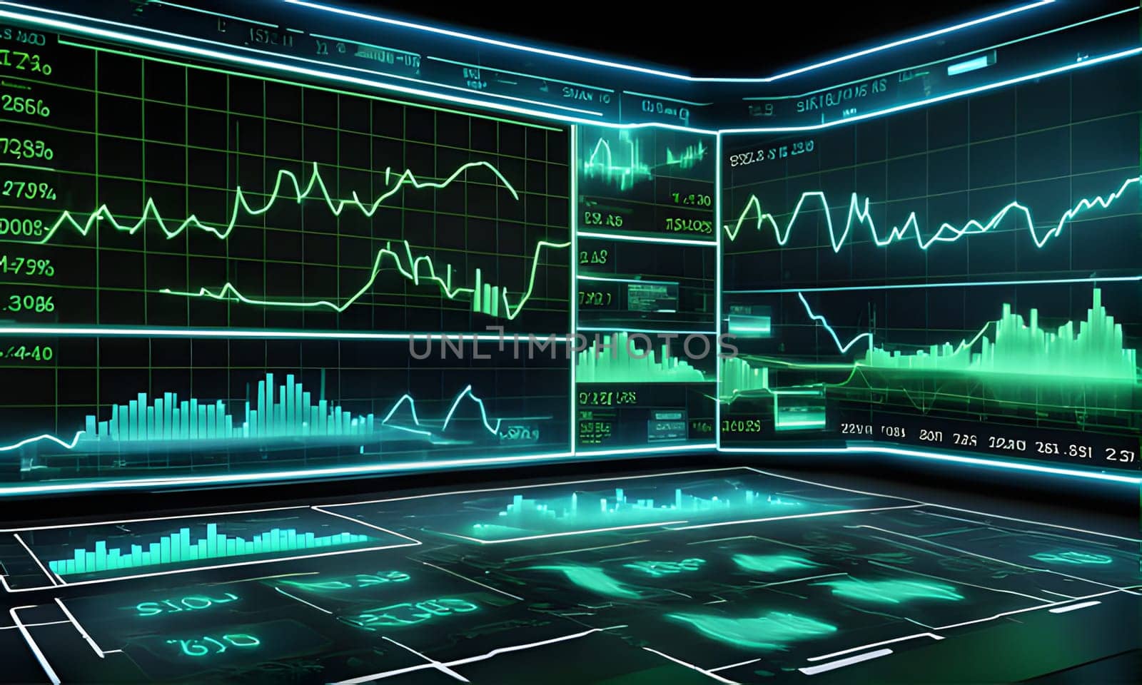 A wall of computer monitors displays an array of financial data, including line charts and bar graphs. The data is presented in a digital format with green lines and bars on a black background.