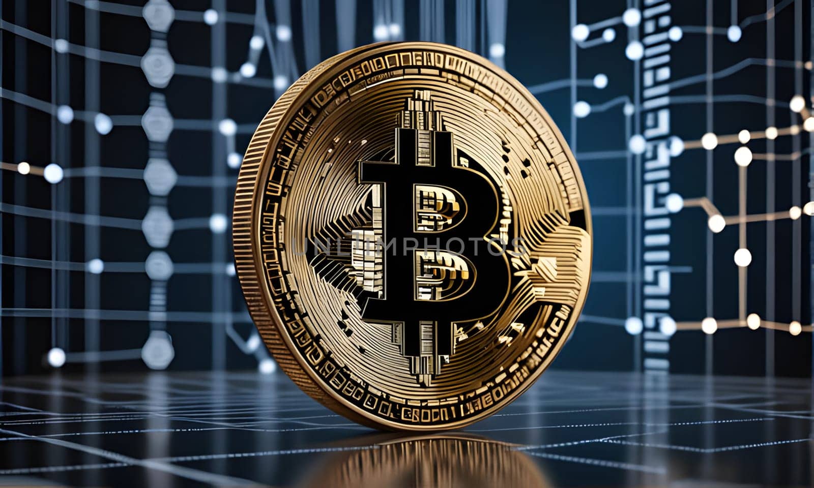 A single Bitcoin coin, a prominent cryptocurrency, sits on a grid pattern surface, with a black background featuring a stylized network of lines and nodes. The coin is metallic gold, with intricate patterns on its face, and the B of Bitcoin is centered in black against a gold background.