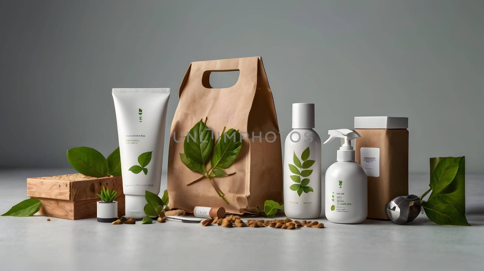 A selection of natural skincare products, including a tube of cream, two bottles of lotion, and a spray bottle, are arranged on a tabletop. The products are all white and have simple packaging with green leaves printed on them. A brown paper bag sits behind the products, and a small green plant is in a white pot next to a wooden box filled with brown materials. Green leaves are scattered around the products and a small stack of light brown nuts are placed in front of them.