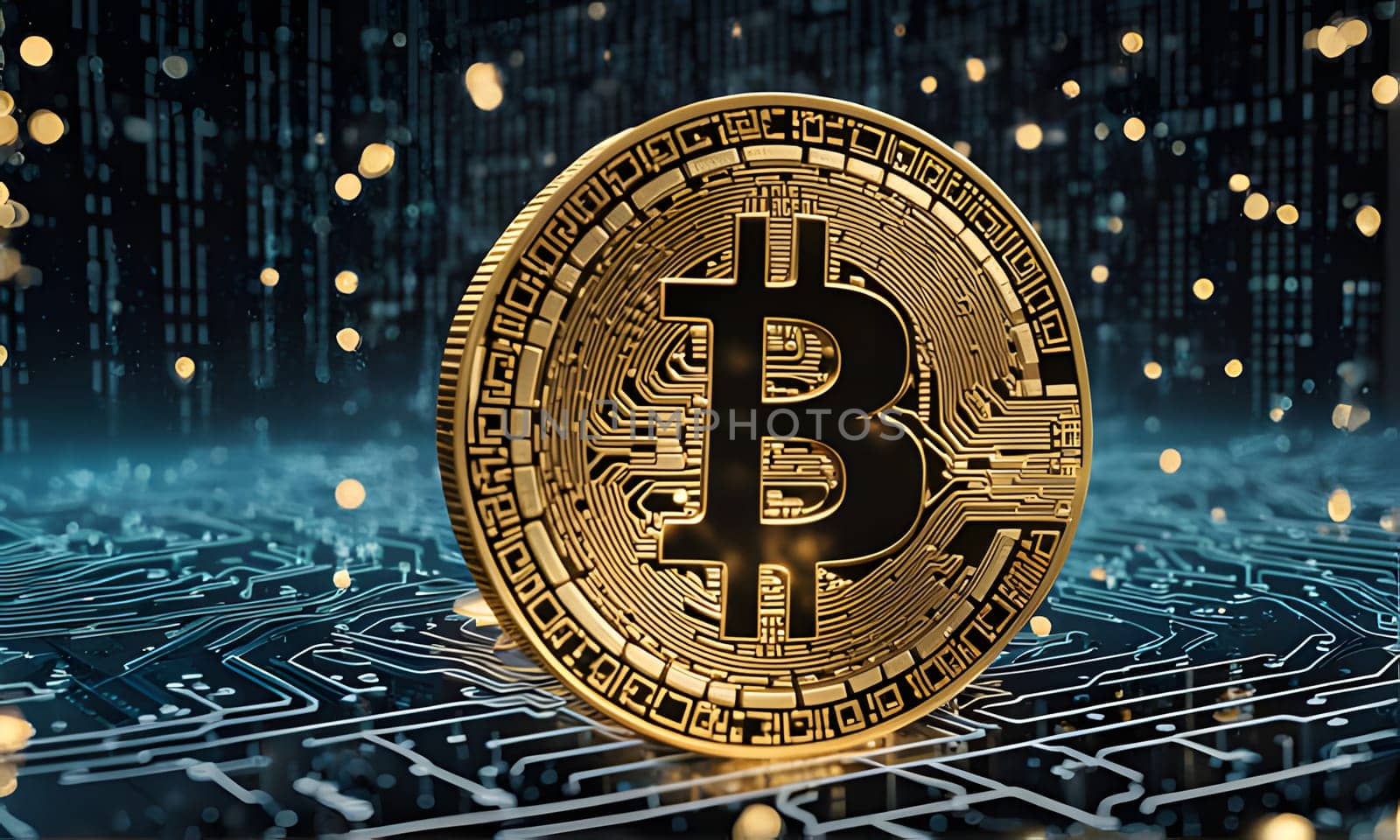 A gold Bitcoin coin rests on a circuit board background. Small, glowing, yellow circles are scattered throughout the image.