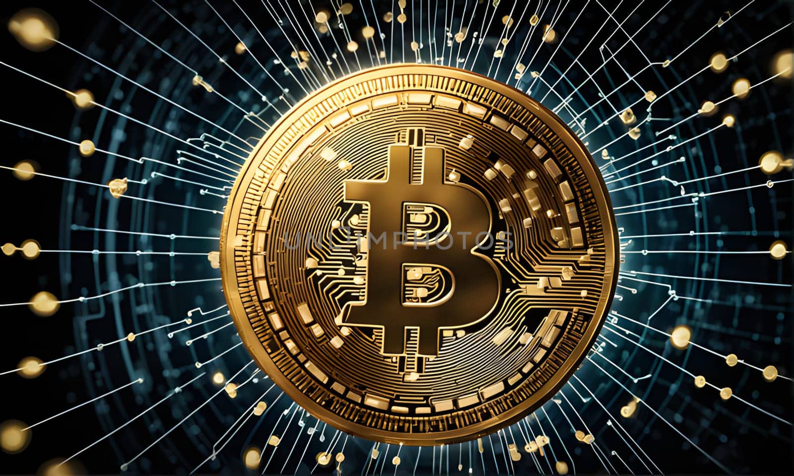 A close-up view of a single golden Bitcoin cryptocurrency coin with a detailed design on its surface. The coin is positioned against a dark background with radiating lines of code connecting to the edges of the coin. The design evokes the feeling of a digital network and symbolizes the interconnectedness of the digital economy.