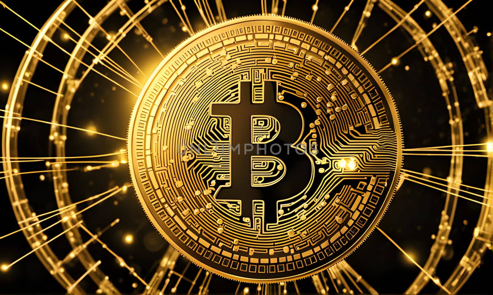 A close-up image of a gold Bitcoin coin with a circuit board design, surrounded by thin, interconnected lines radiating outward. The coin is a symbol of the digital currency Bitcoin, which is known for its decentralized nature and use of blockchain technology.