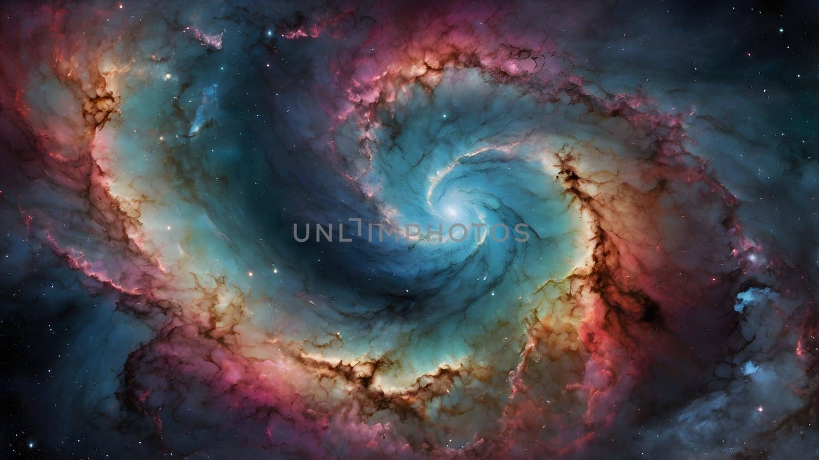 A vibrant, swirling galaxy is captured in this image, showcasing its multicolored nebulae and sparkling stars. The galaxy's spiral arms are visible in intricate detail, highlighting the complex beauty of deep space.