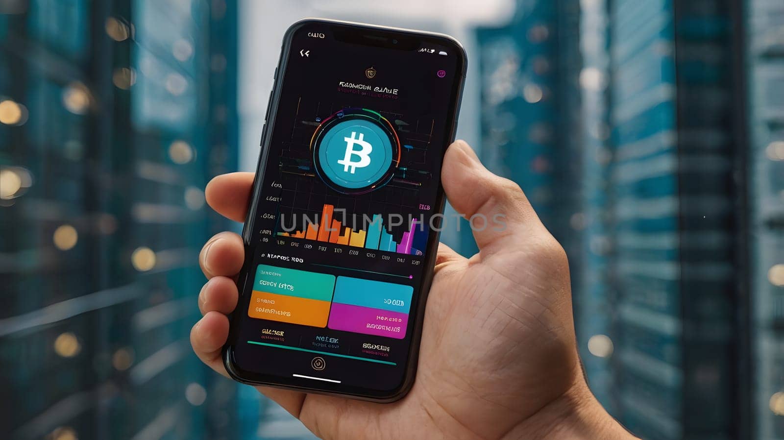 A hand holds a smartphone displaying a Bitcoin app with a graph showing the cryptocurrency's performance. The smartphone is held in front of a blurred background of office building windows.