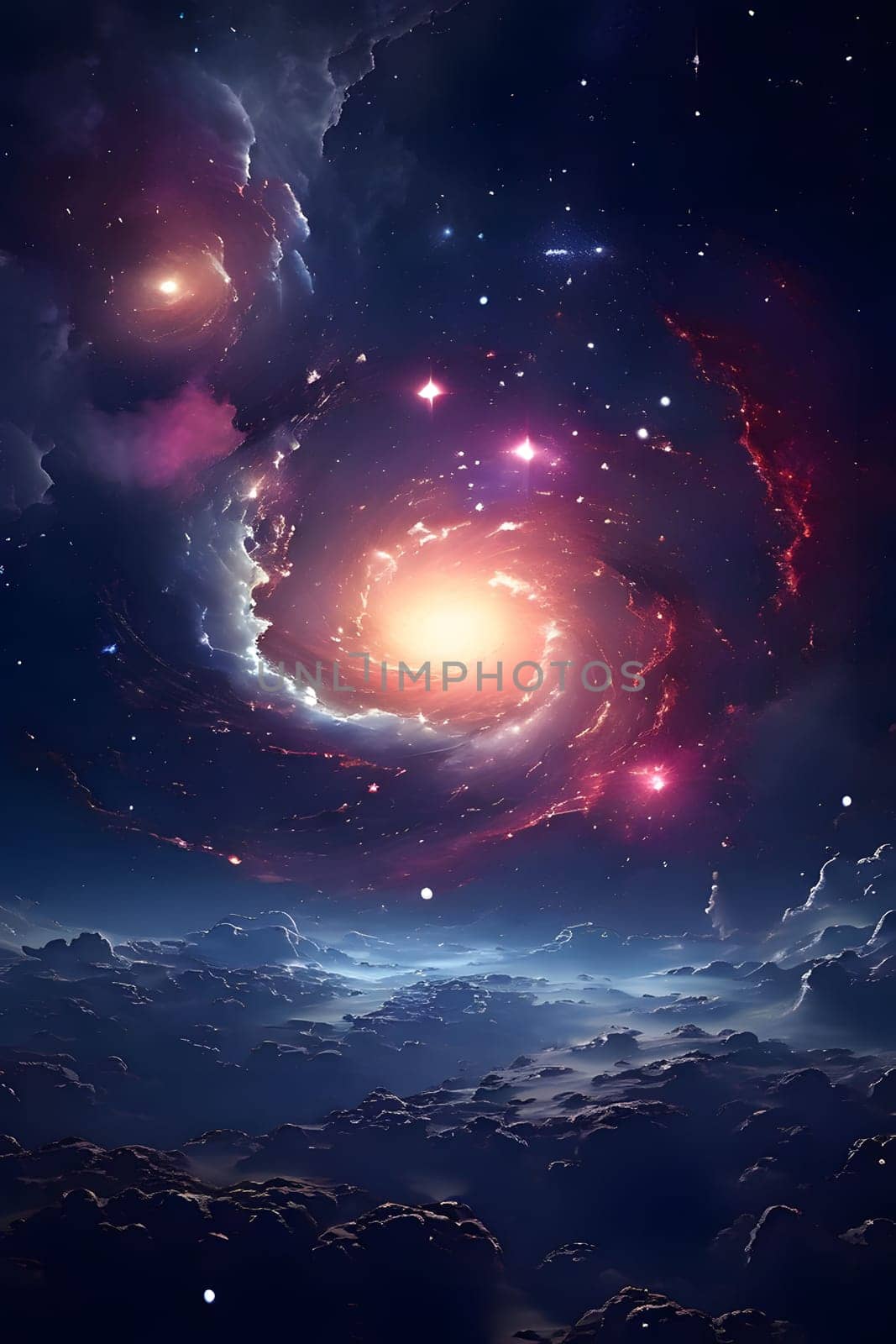The image showcases a stunning view of a distant galaxy. The galaxy is a spiral shape and appears to be in the process of formation. The galaxy has a bright, white core surrounded by vibrant red, pink, and white colors. It is set against a dark blue background sprinkled with countless stars and a layer of white and blue clouds, suggesting a view from an unknown planet in another solar system.