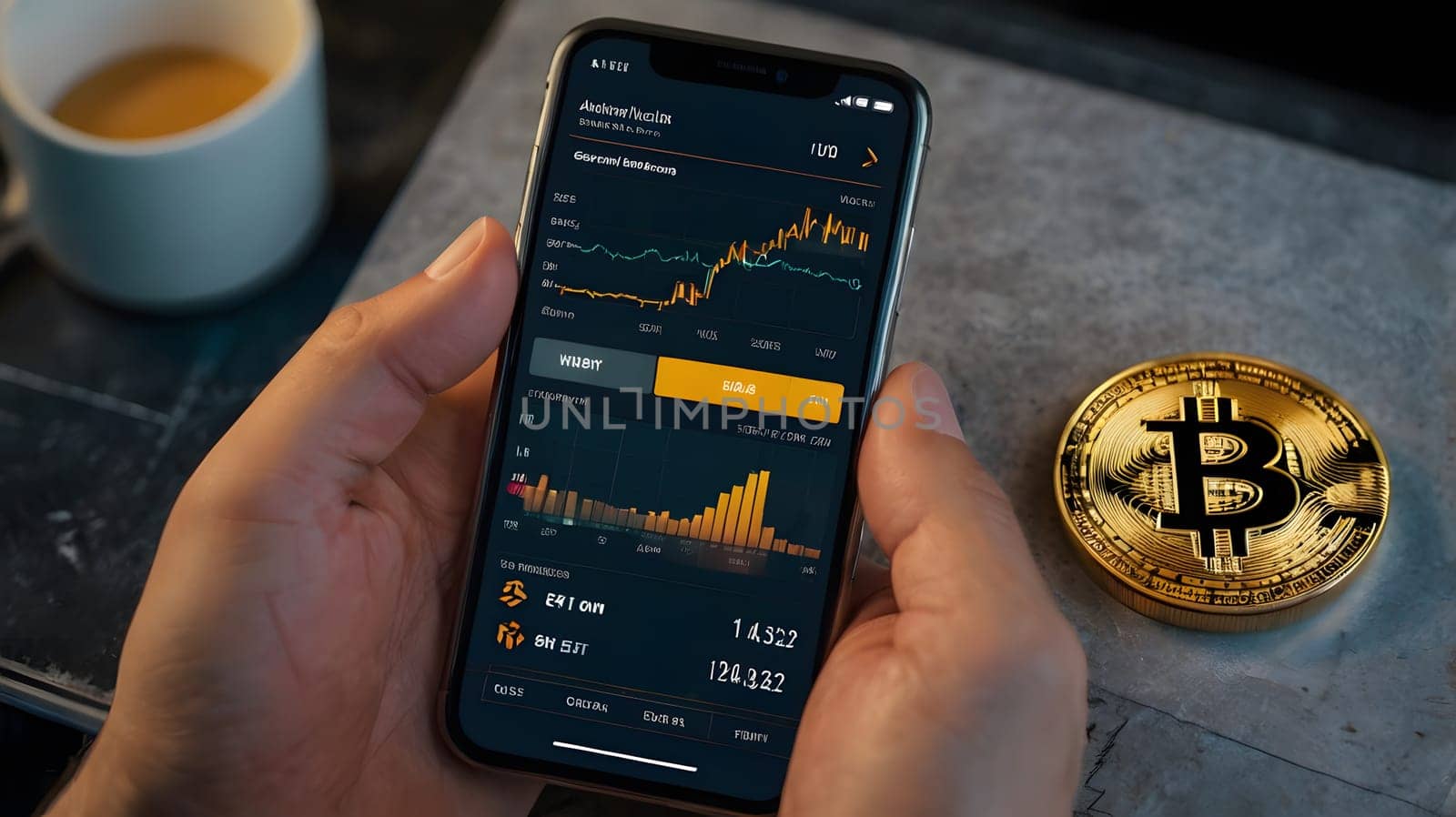 A person uses their smartphone to check their cryptocurrency portfolio, with a gold Bitcoin coin sitting on a table nearby. The screen of the smartphone displays a line graph with the cryptocurrency's price fluctuations over time.