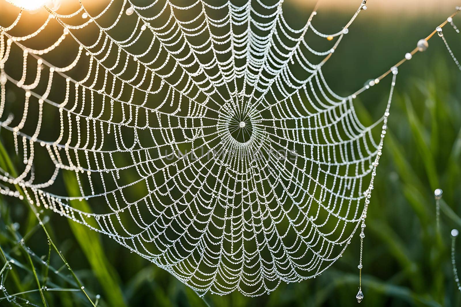 A delicate spider web, glistening with morning dew, hangs suspended in the sunlight. The intricate web, with its radial design, forms a natural masterpiece, catching the light and reflecting the surrounding greenery.
