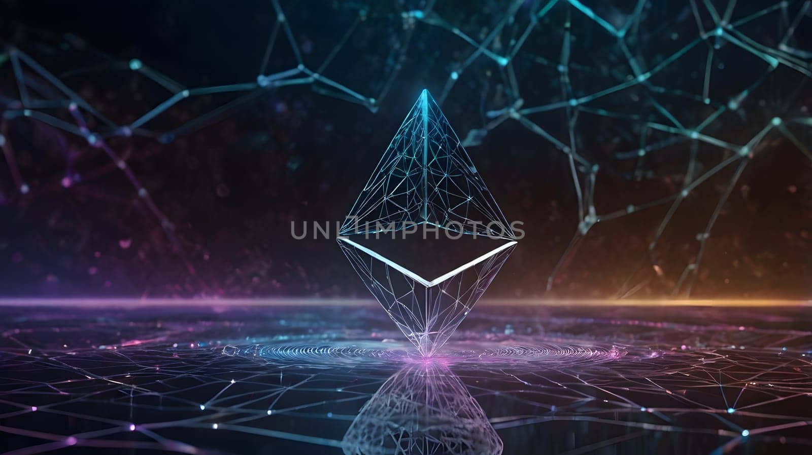A 3D rendering of the Ethereum cryptocurrency symbol, a blue and white pyramid, sits on a dark background with a complex, swirling network of connected lines and points. The network is mostly blue and purple with orange lighting in the background.