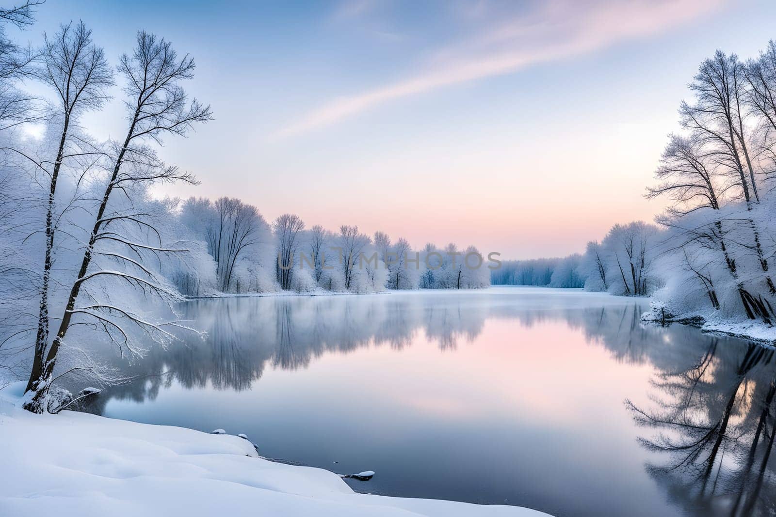 The image captures a serene winter scene with a still river reflecting the colors of a soft sunrise. A line of snow-covered trees stretches along the opposite bank, their branches reaching towards the sky. The foreground features a snow-covered bank and the calm surface of the water, creating a peaceful and idyllic landscape.