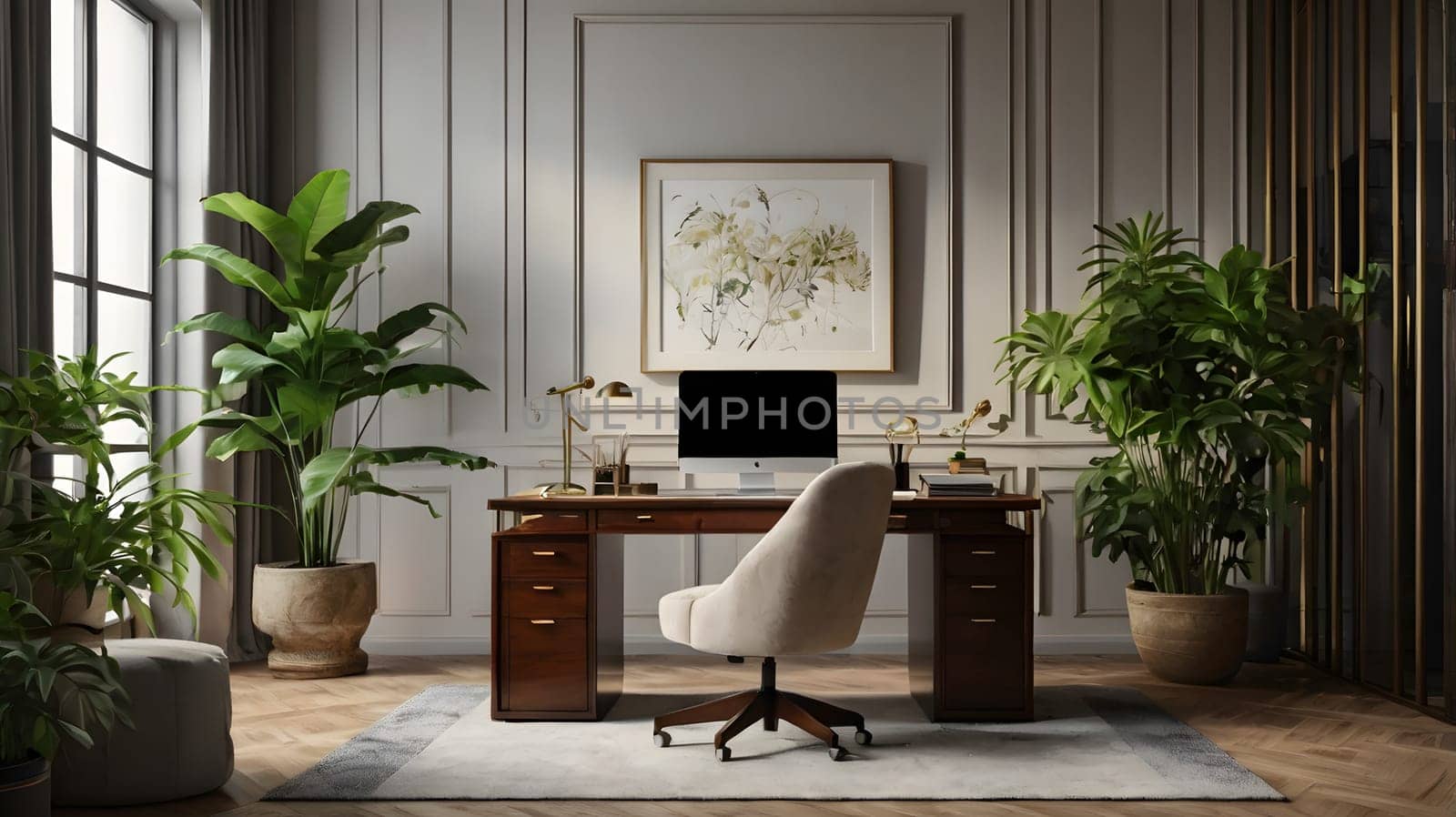 A modern home office with a large wooden desk and a comfortable white office chair. There are two large houseplants in the room, one next to the desk and one in the corner of the room. There is a computer on the desk and artwork hanging on the wall. The floor is made of wood planks.