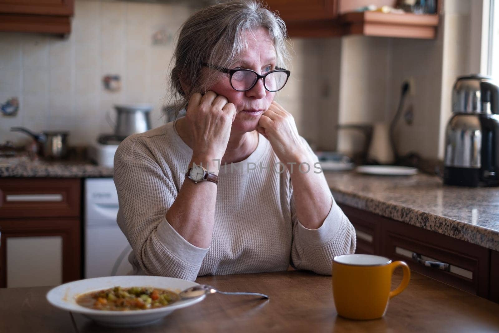 woman with no food appetite. anorexia symptoms, food poisoning, choking hazard, health care concept.