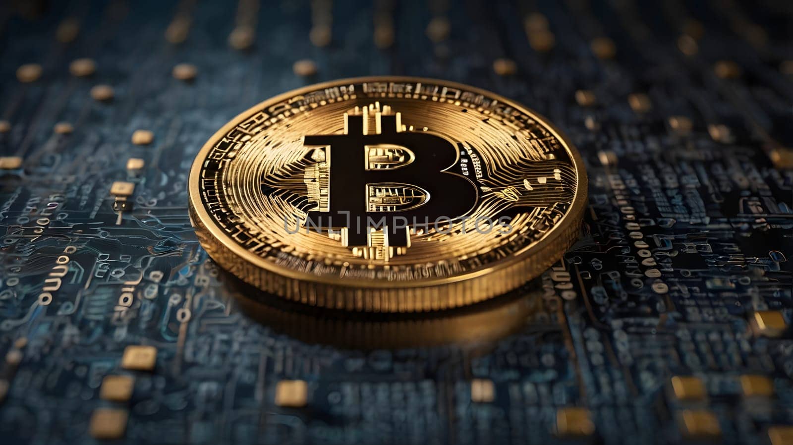 A single Bitcoin coin rests on a circuit board, its golden surface and intricate design highlighted in a close-up view. The background is a blurred image of the board's circuitry.