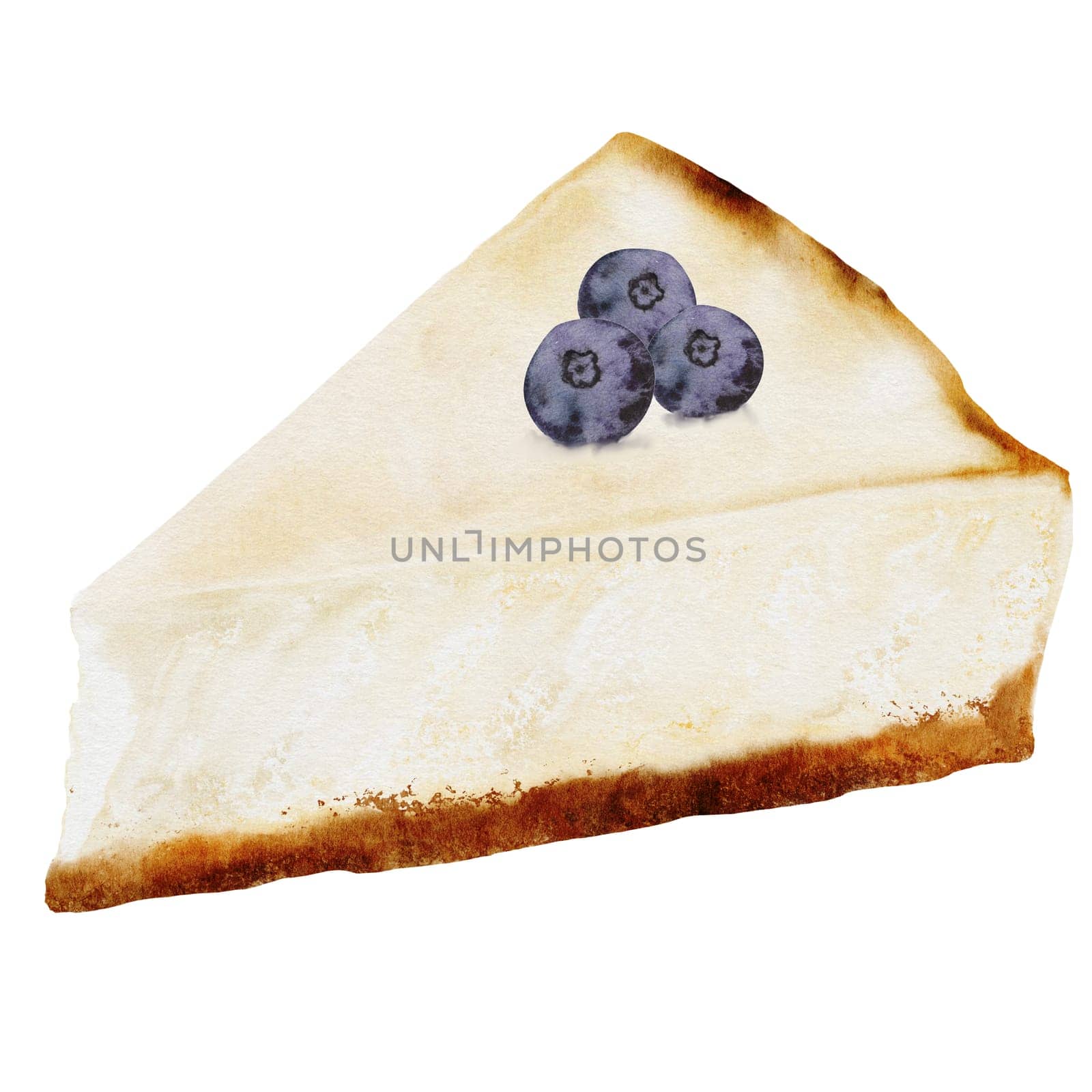 Classic cheesecake. Watercolor illustration of New York cheesecake on isolated white background. A piece of cottage cheese pie decorated with berries. Ideal for coffee shop, pastry shop menu and logo. High quality photo