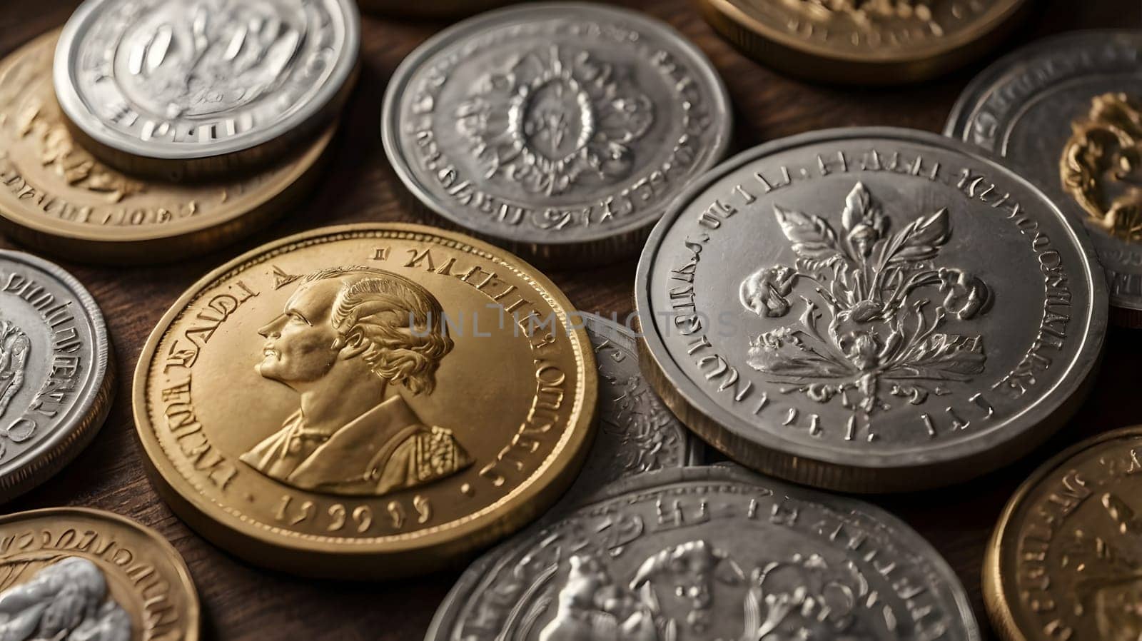 A collection of gold and silver coins are scattered across a wooden surface. The coins appear to be commemorative in nature, with different designs and engravings visible on their surfaces. A gold coin featuring a portrait is prominently positioned in the foreground.