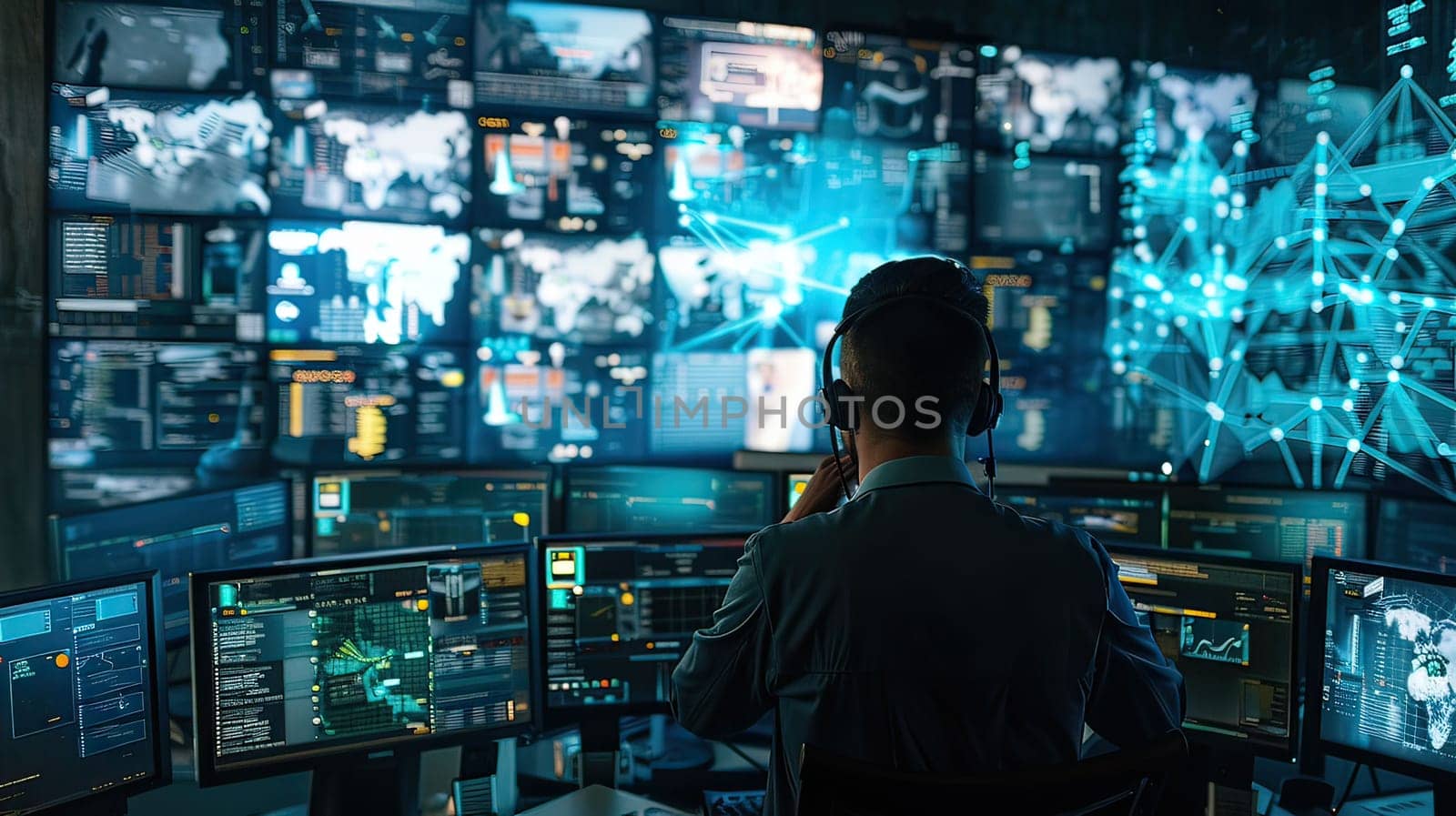 A cybersecurity professional monitors multiple computer screens during a training webinar.